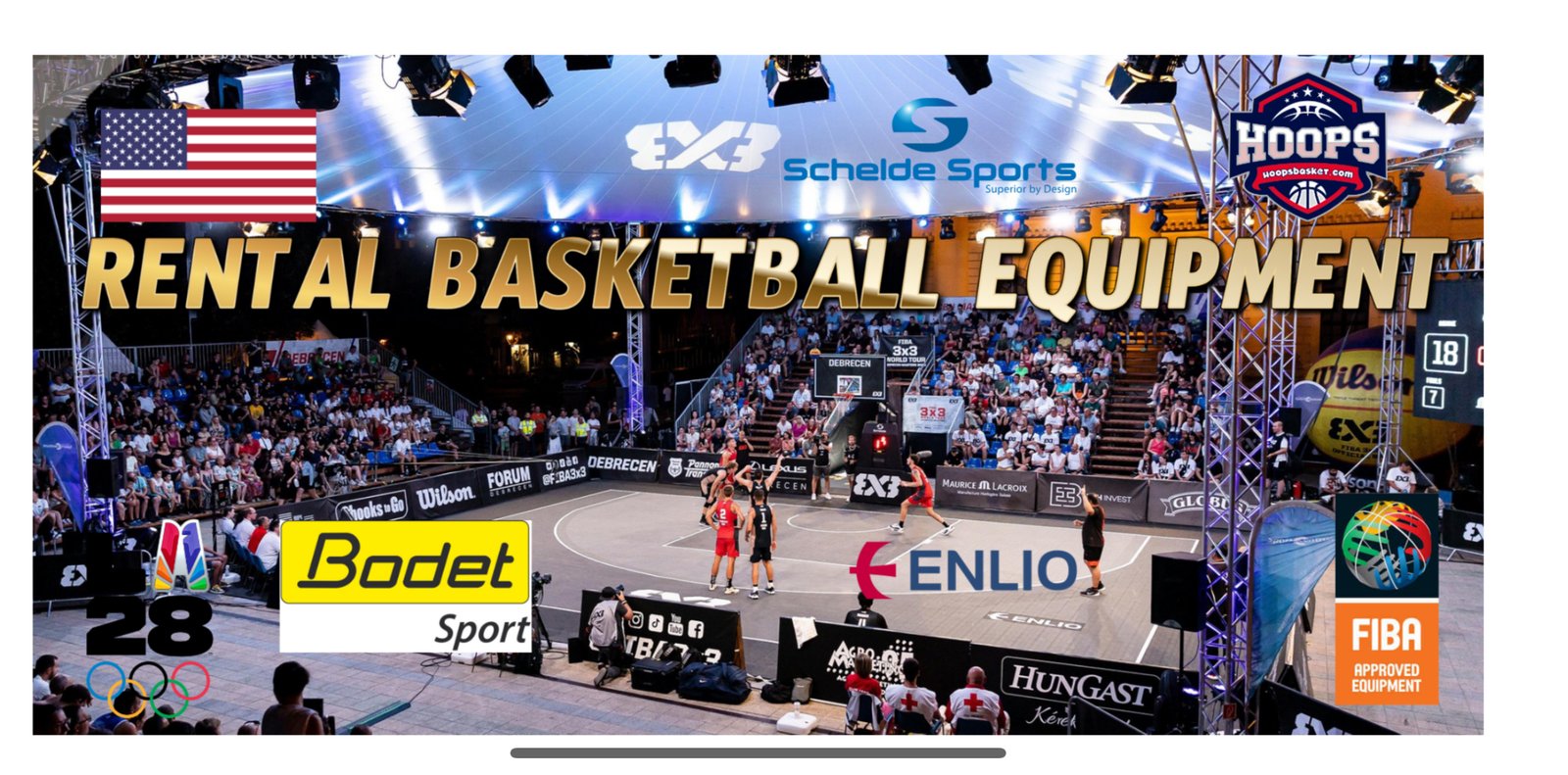 Professional basketball tournament equipment setup in California with portable court, hoops, scoreboard, and seating
