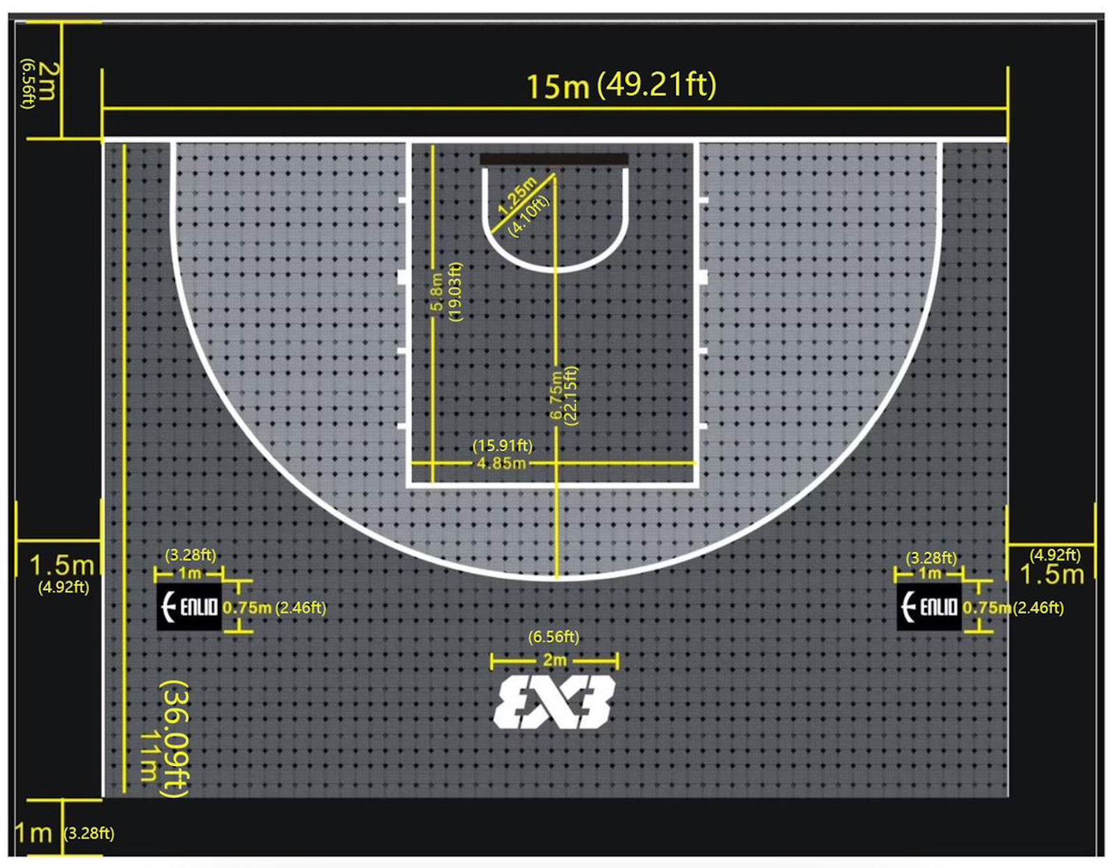 FIBA 3x3 basketball court setup in California with official dimensions, professional hoop, flooring, and scoreboard
