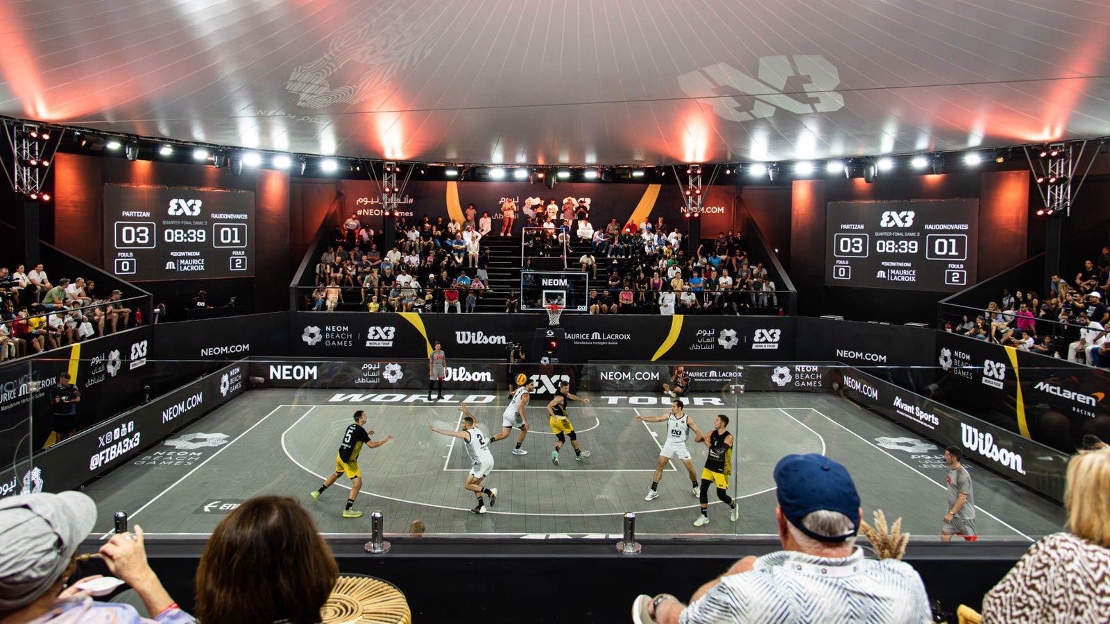 Olympic-level basketball equipment with professional court, certified hoop and digital scoreboard
